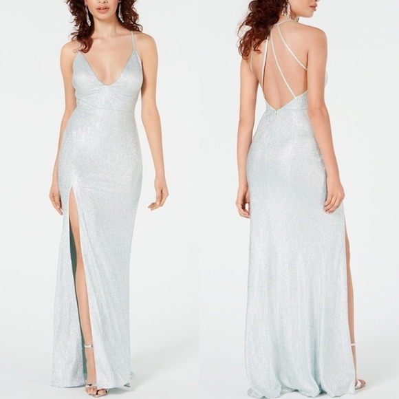 AIDEN MADDOX CELADON FOIL METALLIC KNIT STRAPPY V-NECK LONG FORMAL GOWN DRESS - Picture 1 of 15